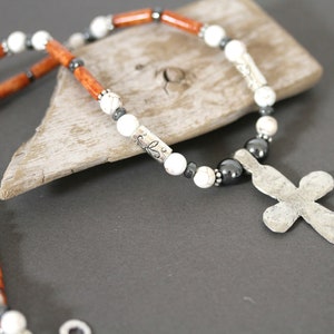 Men&#39;s Copper Colored Riverstone Tubes and White Turquoise Magnesite Cross Necklace, Masculine Jewelry, Religious Necklace, Cross Necklace