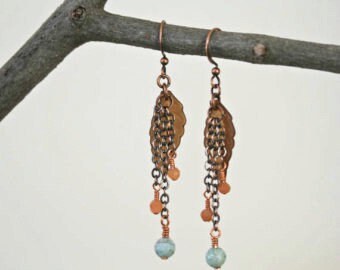 Autumn Leaves Turquoise and Peach Moonstone Dangling Boho Style Antiqued Copper Earrings