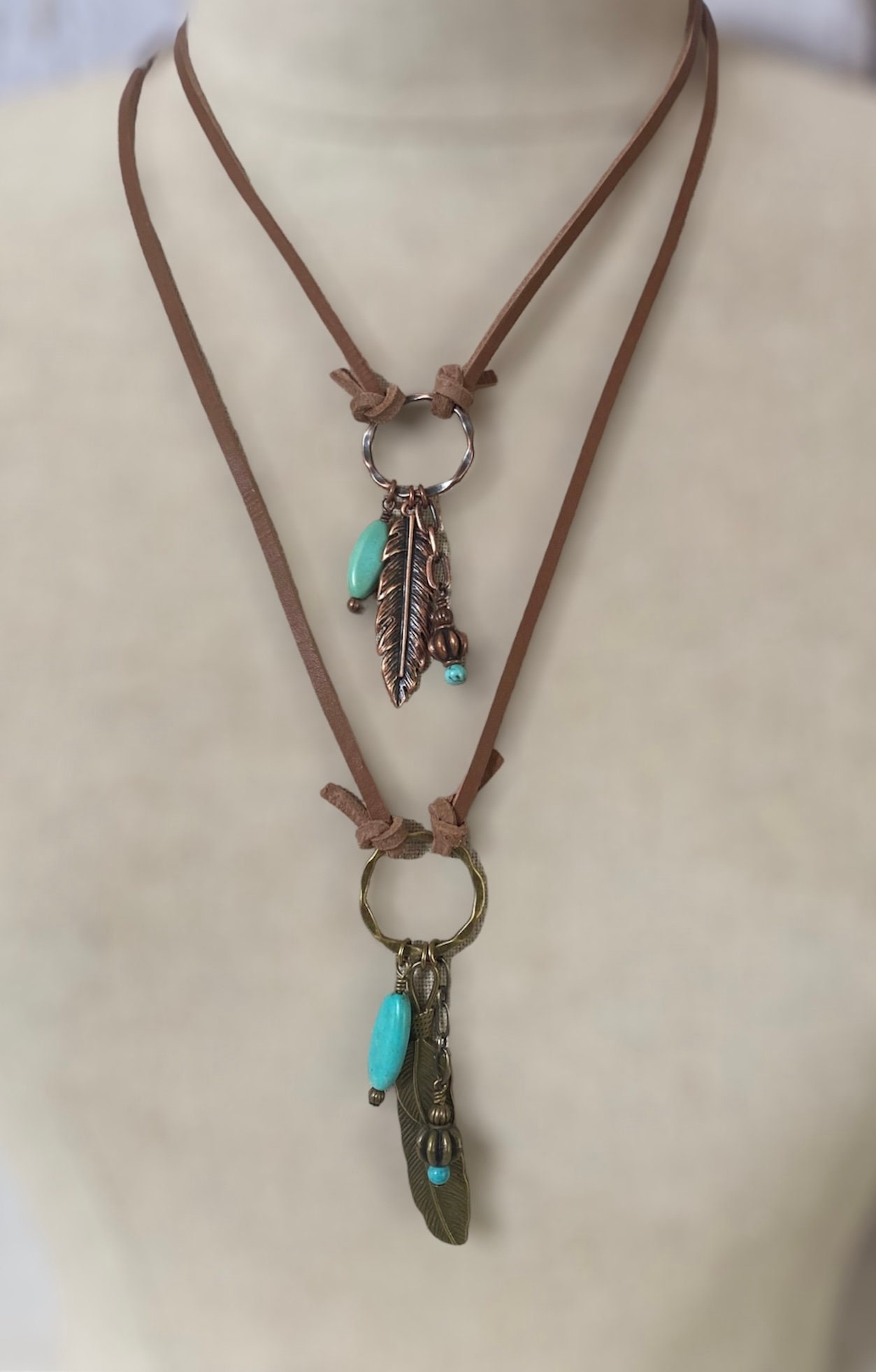 Unisex Antique Brass or Copper Feather Pendant Leather Cord
