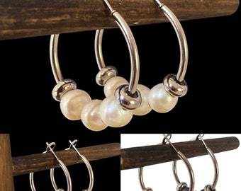 Stainless Steel Beaded Colorful Hoop Earrings Available in Three Colors