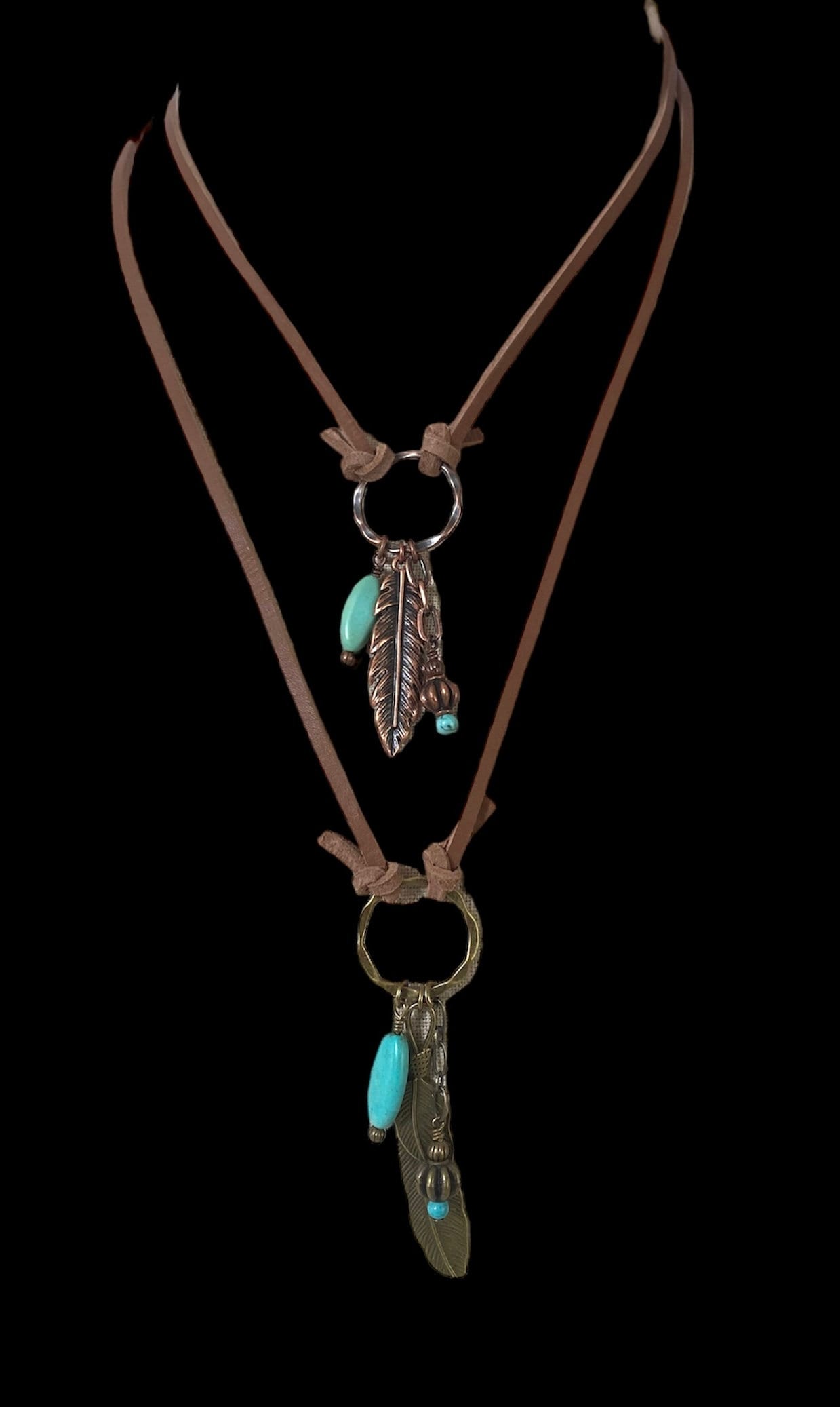 Unisex Antique Brass or Copper Feather Pendant Leather Cord