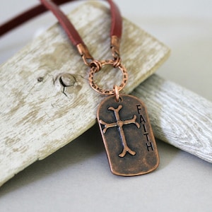 Men's Leather Cord Antiqued Copper Cross Necklace, Religious Faith Necklace, Affirmation Necklace, Masculine Necklace, Dog Tag Neckkace image 1