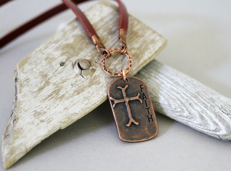 Men's Leather Cord Antiqued Copper Cross Necklace, Religious Faith Necklace, Affirmation Necklace, Masculine Necklace, Dog Tag Neckkace image 1