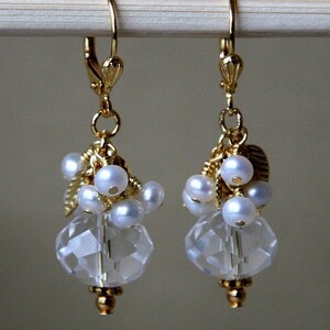 Clear Crystal and Pearl Dangling Bridal Earrings in Gold or Silver