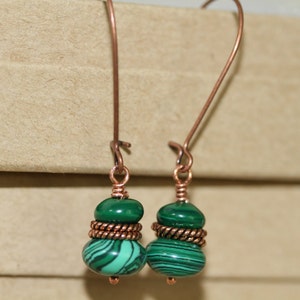 Green Malachite and Antiqued Copper Kidney Ear Wire Long Dangling Earrings