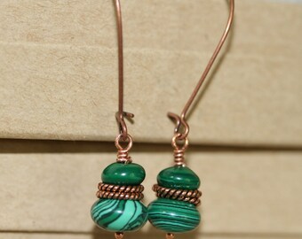 Green Malachite and Antiqued Copper Kidney Ear Wire Long Dangling Earrings