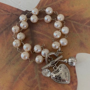 Double Strand Freshwater Pearl Dangling Charm Bracelet, Valentines Day Gift For Her