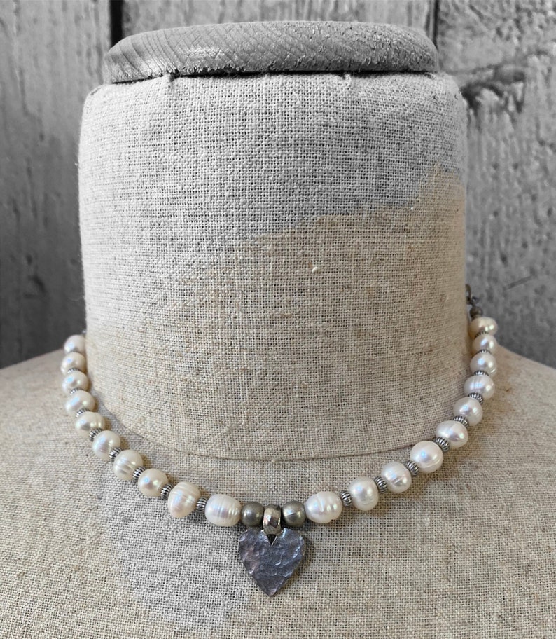 Three Strand Matte Silver and Pearl Necklace, Layered Look Necklace Short Pearl Heart