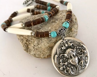 Bohemian Bone & Wood Necklace: Antiqued Silver Pendant, Turquoise Accents