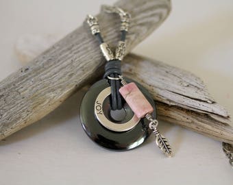 Unisex Charcoal Gray Hematite and Pink Gemstone Donut Necklace, Masculine Jewelry, Men's Necklace, Unisex Jewelry, Gemstone Donut Necklace