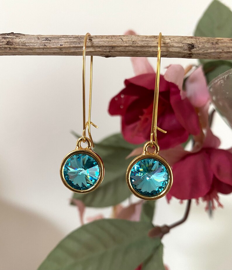 Boucles doreilles Swarovski Long Dangling. Deux finitions, plusieurs couleurs Gold/Turquoise