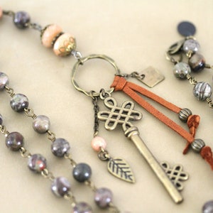Rainforest Agate Rosary Necklace: Brass Key Charm, Boho Style