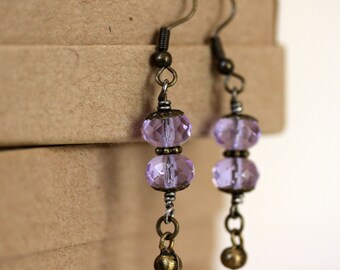 Light Purple Lilac Czech Glass Antiqued Brass Danging Earrings