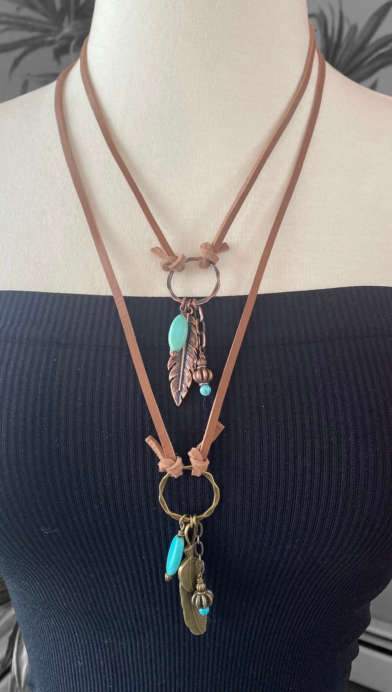 Unisex Antique Brass or Copper Feather Pendant Leather Cord