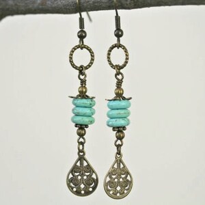 Turquoise and Antiqued Brass Long Dangling Boho Style Earrings