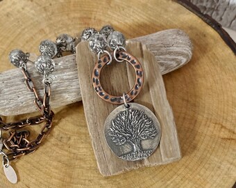 Mixed Metal Antiqued Copper and Silver Tree of Life Pendant Necklace