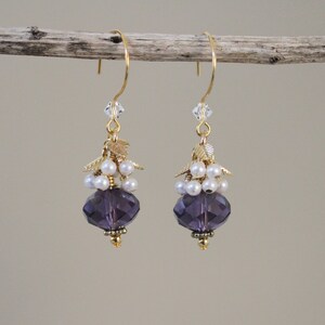 Purple Rhondelle Pearl Dangle Earrings: Gold Plated Leaf Jewelry