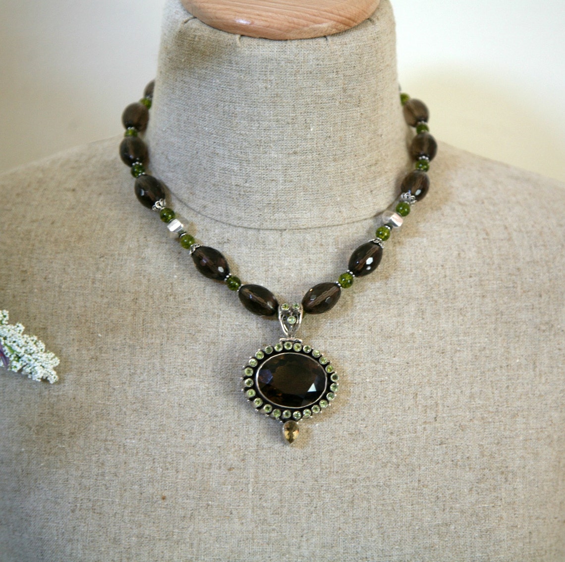 Dark Chocolate Quartz and Green Peridot Sterling Pendant Big Etsy