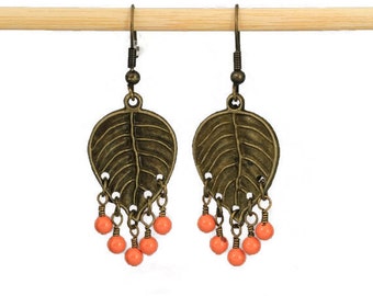 Antiqued Brass Leaf and Peach Coral Dangling Earring