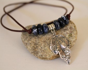 Men's Denim Sodalite and Dangling Leaf Pendant Leather Corded Necklace Magnetic Closure