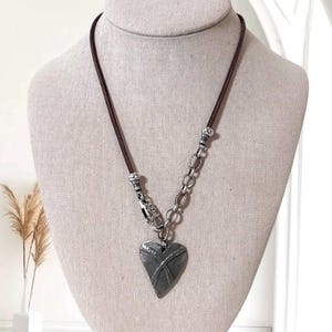 Front Closure Antique Silver Heart Pendant Leather Cord Necklace