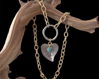 Mixed Metal Large Leaf Pendant Necklace