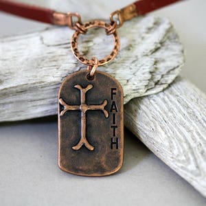 Men's Leather Cord Antiqued Copper Cross Necklace, Religious Faith Necklace, Affirmation Necklace, Masculine Necklace, Dog Tag Neckkace image 6