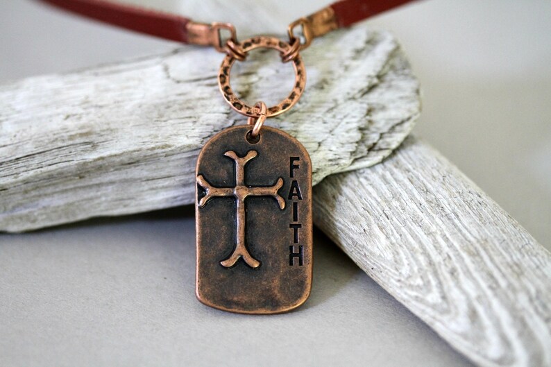 Men's Leather Cord Antiqued Copper Cross Necklace, Religious Faith Necklace, Affirmation Necklace, Masculine Necklace, Dog Tag Neckkace image 6