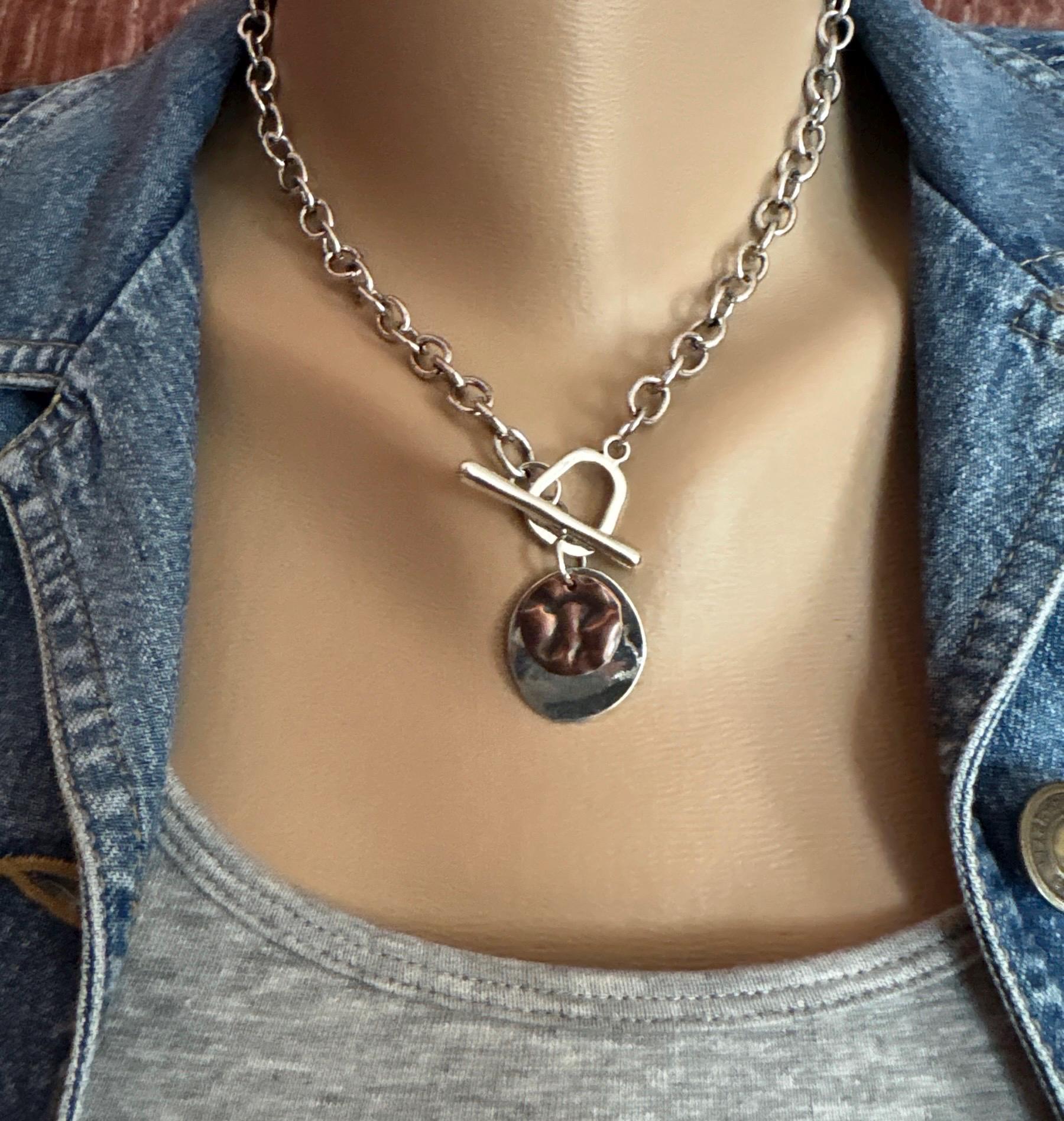 Industrial Mixed Metal Disc Statement Necklace Adjustable Mixed Metal Double Disc Pendant Necklace by Burnish main image 4