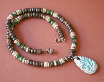 Men's Wood Bead and Ceramic Leaf Pendant Necklace OOAK