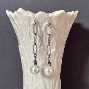 Antiqued Silver Ivory Faux Pearl Long Dangling Earrings