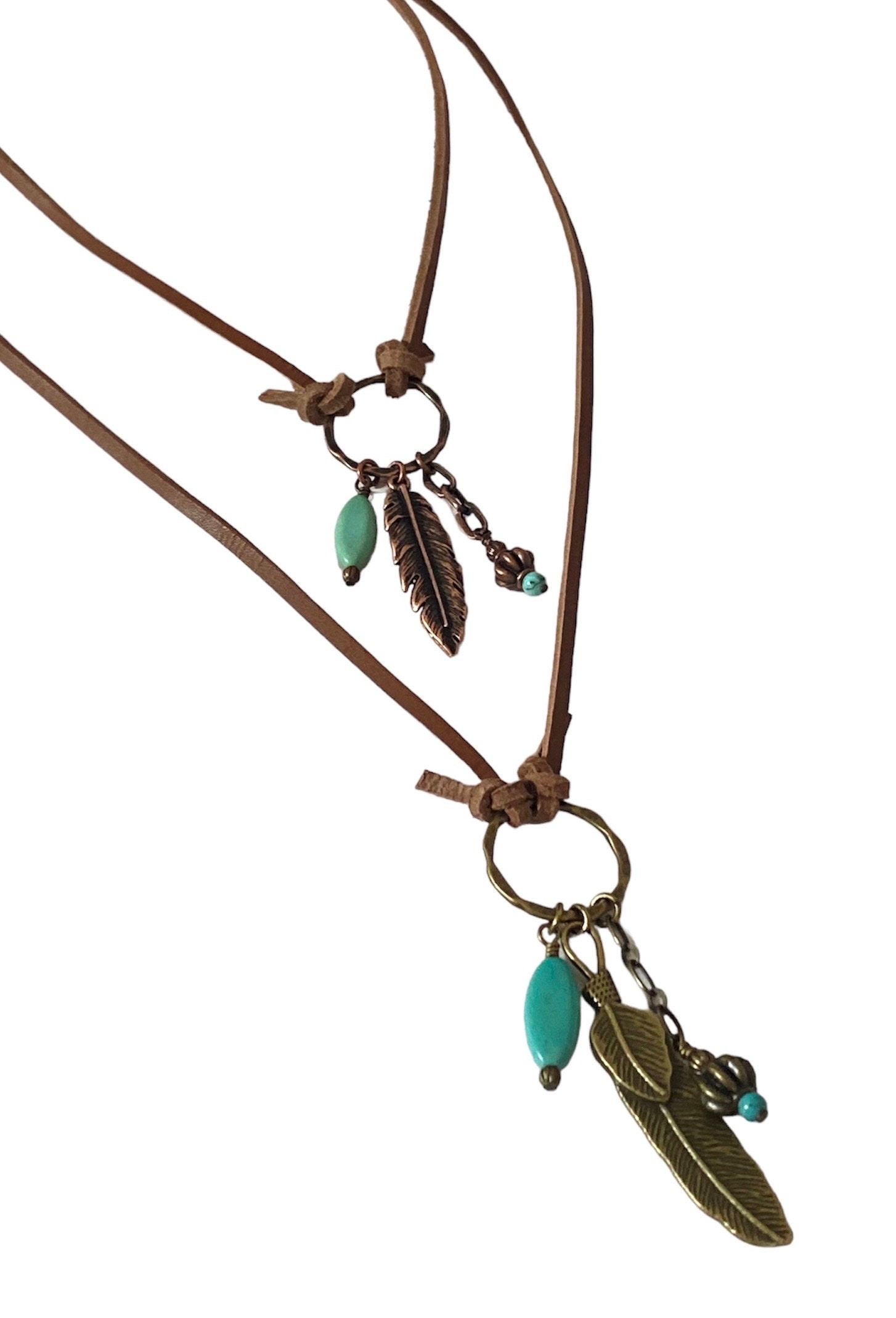 Unisex Antique Brass or Copper Feather Pendant Leather Cord