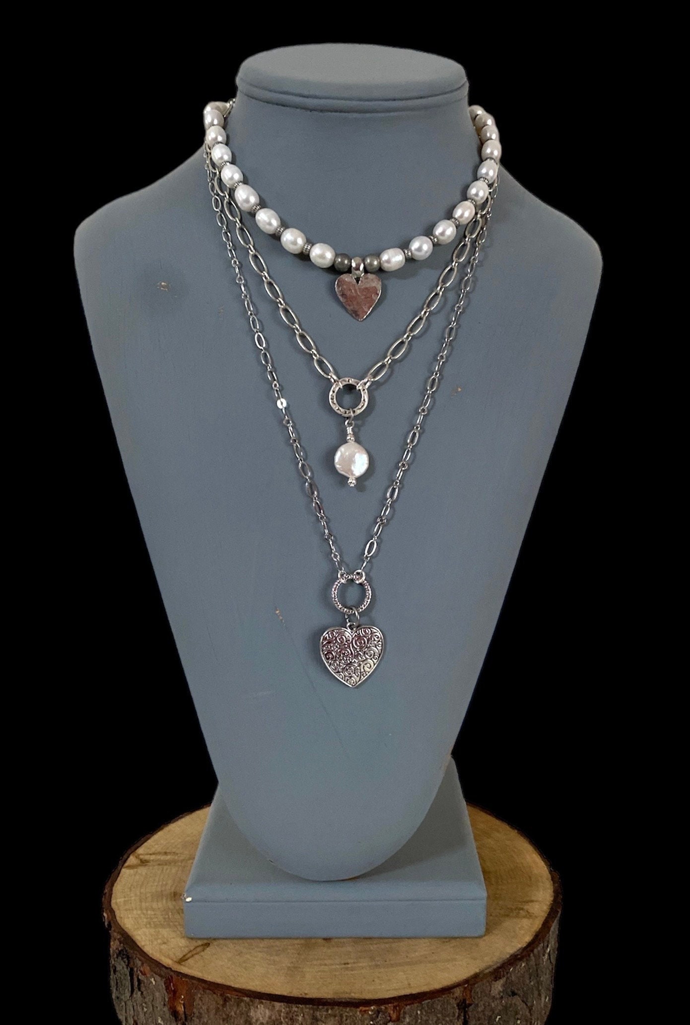 Three Strand Matte Silver and Pearl Necklace, Layered Look Necklace