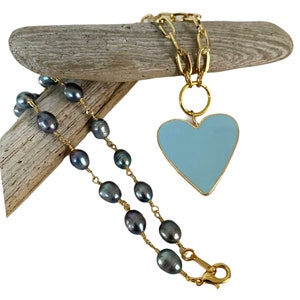 Blue Enamel Heart Pendant Necklace: Peacock Pearl, Gold Chain