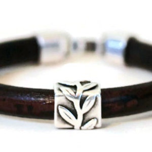 Men&#39;s Thick Leather Bracelet: Oxidized Silver Tube Bead, Hook Clasp