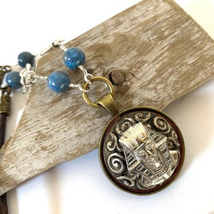 Vintage Egyptian Pendant Necklace: Leather Cord & Brass Chain Boho Style