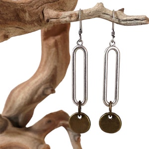 Mixed Metal Matte Silver and Antique Brass Elongated Dangling Earrings