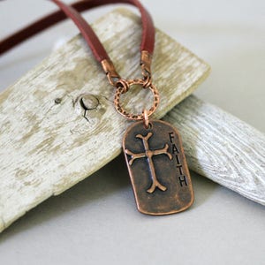 Men's Leather Cord Antiqued Copper Cross Necklace, Religious Faith Necklace, Affirmation Necklace, Masculine Necklace, Dog Tag Neckkace image 4