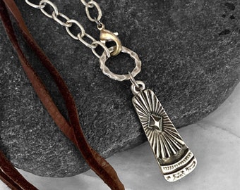 Antiqued Silver Pendant and Leather Cord Necklace, Bohemian Jewelry