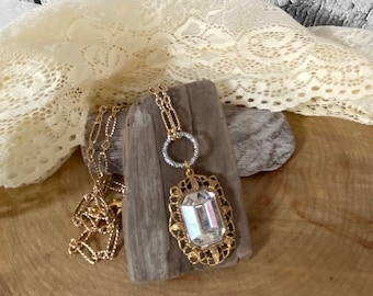 Vintage Inspired Mixed Metal Gold and Silver Filigree Framed Clear Crystal Pendant Necklace