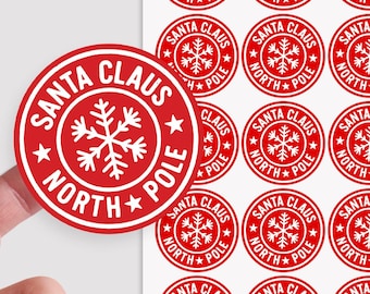 Santa Gift Tag Stickers, Santa Mail Labels, Round Christmas Stickers, Envelope Seals, Holiday Envelope Sticker, North Pole Santa Sticker