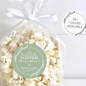 Étiquettes de cadeaux de mariage pop-corn, autocollants pour cadeaux de fiançailles pop-corn, tout parce qu'il a posé la question, autocollant de remerciement pour la douche nuptiale