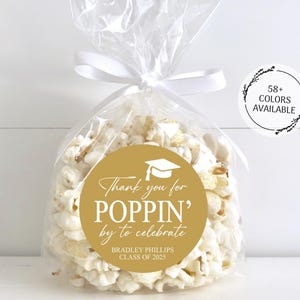 Étiquettes de cadeaux de remise des diplômes pop-corn, merci d'être passé pour célébrer, autocollants de remise des diplômes, diplômé 2025, étiquettes de cadeaux de remise des diplômes