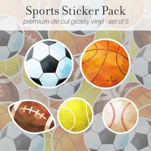 Lot de 5 autocollants sport, vinyles, autocollants sport pour enfants, ballons de sport, football, basketball, football, baseball, tennis