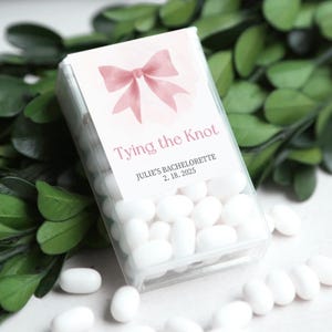 Op de afbeelding: Een doorzichtige rechthoekige doos gevuld met witte snoepjes. De doos heeft een label met een roze aquarel strik en de tekst "Tying the Knot" en "Julie's Bachelorette 2.18.2025". De achtergrond toont groene bladeren.