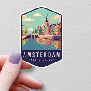 Sticker Amsterdam, Stickers de voyage en vinyle, Sticker Pays-Bas, Pays européen, Sticker souvenir Europe pour bouteille d'eau, Stickers pour ordinateur portable - S773