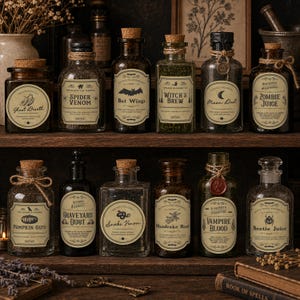 May include: A collection of twelve glass apothecary bottles with cork stoppers, arranged on two wooden shelves. Each bottle features a vintage-style paper label with unique names like Ghost Breath, Spider Venom, Bat Wings, and Vampire Blood.
