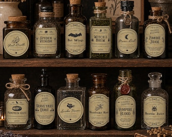 Witch Potion Bottle Labels, Halloween Apothecary Stickers, Custom Spell Jar Labels, Set of 12
