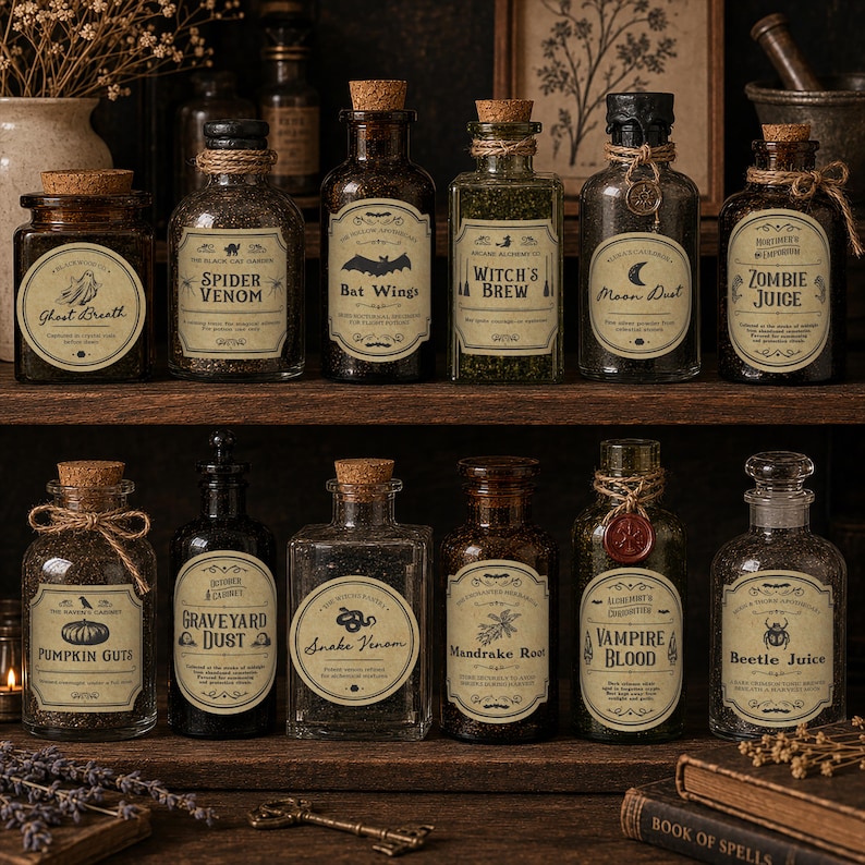 Zombie Juice and Moon Dust potion jar labels
Dark background Halloween apothecary bottle stickers
Graveyard Dust and Pumpkin Guts potion labels