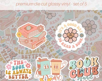 Book Club Sticker Pack of 5, Vinyl Stickers, Book Stickers, Reading Journal, Book Journal, Book Club Gifts, Laptop Water Bottle Stickers